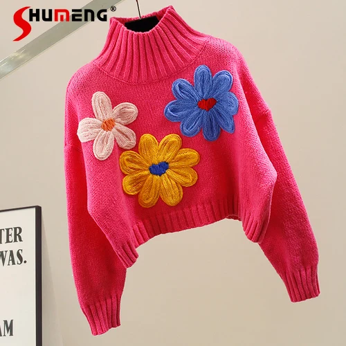 

Fashion Heavy Industry Stitching Three-Dimensional Flower Temperament High Collar Long-Sleeved Sweater Women Loose Short Sweater