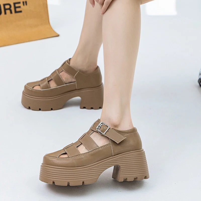 7cm Genuine Leather Women Shoes Platform Slippers Hollow Fashion Wedge Sandals Female Slip on Beach Summer Fashion Ladies Shoes