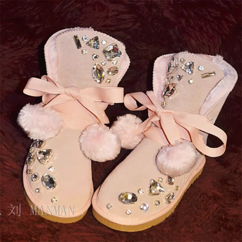 

Lace lace-up classic handmade custom ankle boots Rhinestones winter warm boots with fleece men and women plus size 35-44