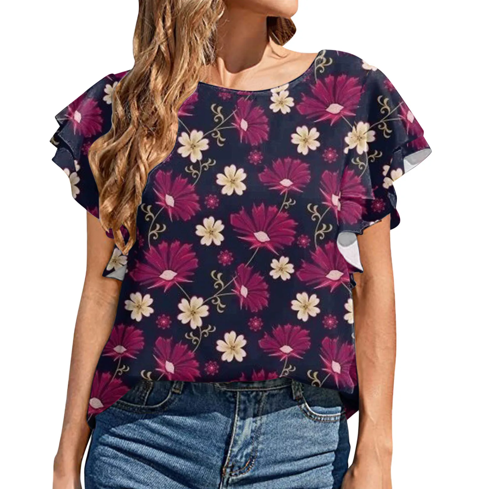 

Fashion Women's Floral Top Blouse 2022 Summer Female Short Sleeve Ruffle Top Casual Flowy Print Shirts Tunics Clothing