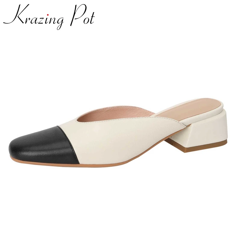 

Krazing Pot full grain leather square toe med heel mixed colors beauty lady daily wear shallow slip on fashion women pumps L30