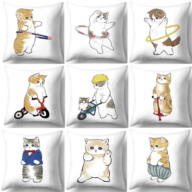 

Orange Cats Pillowcase Yellow Cat Ride Bicycle Throw Pillow Case Polyester Printing Pillow Cover kussensloop