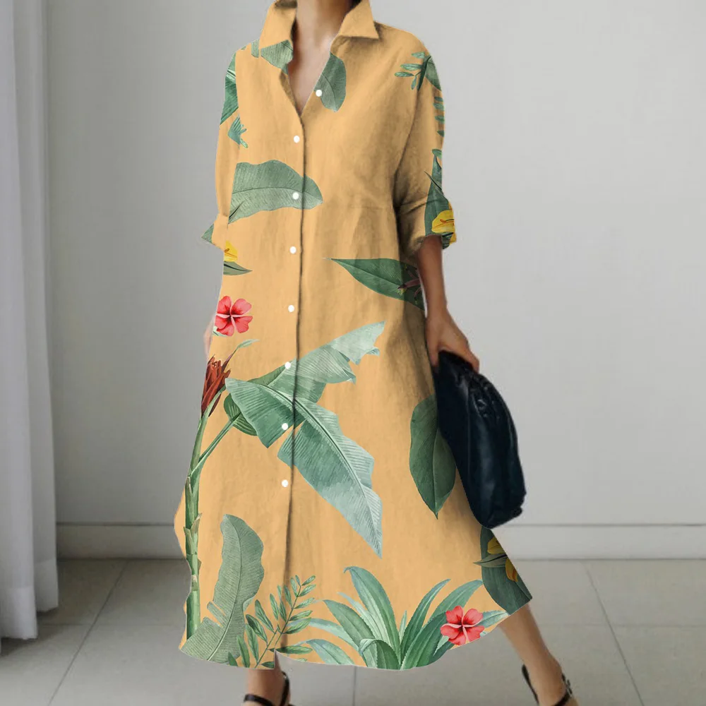 Платье-рубашка с длинным рукавом и принтом листьев