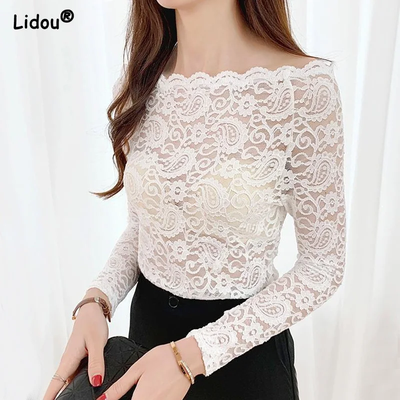 

Elegant Fashion Slash Neck Solid Color White Long Sleeve Flower Lace Hollow Out T-shirts Female Popularity Summer 2022 New Tops