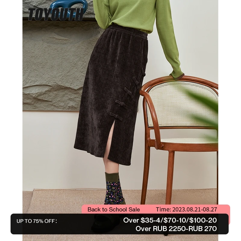 

Toyouth Women Corduroy Skirt 2022 Winter A Line Elastic Waist Vintage Buttons Design Split Hem Coffee Chic Casual Midi Skirt