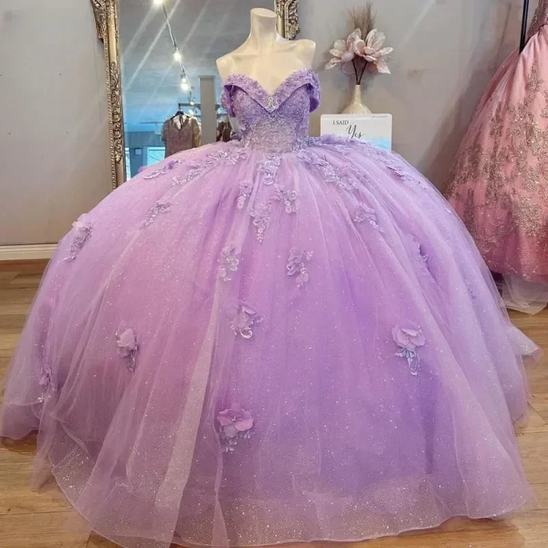 Блестящие лавандовые сиреневые платья Quinceanera с цветочной аппликацией милое