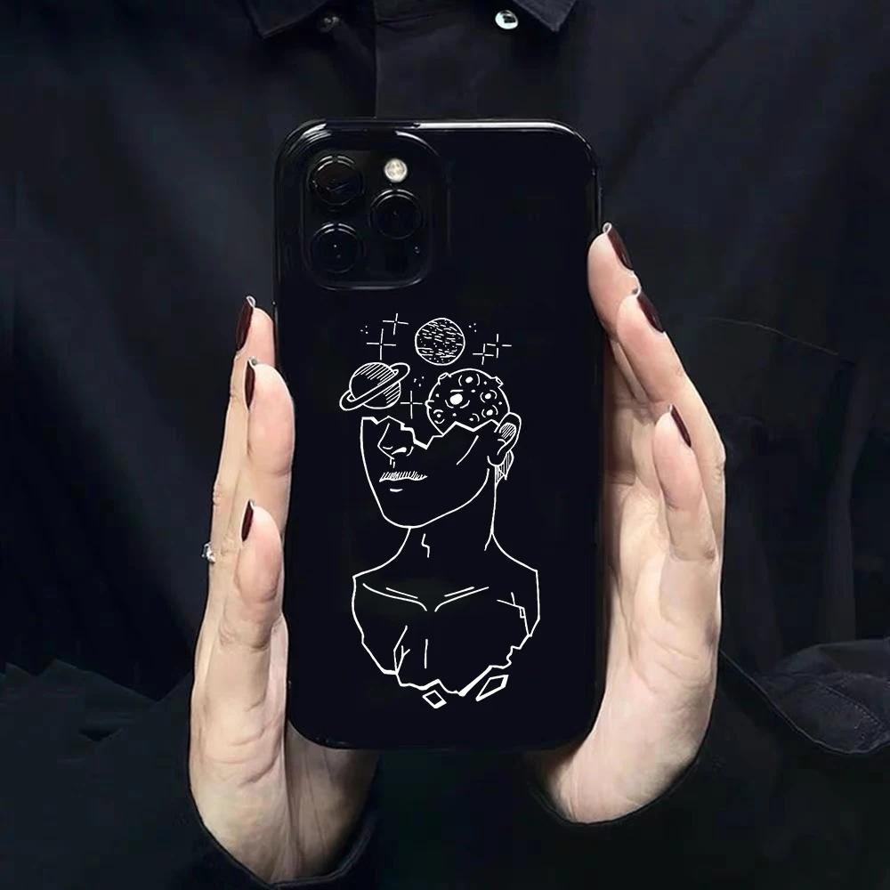 

Cute Cartoon Art The Sketch Statue Frame Shiny Black Jelly Color Phone Case For iPhone11 12mini 13ProMax XR Xsmax 7Plus Cover