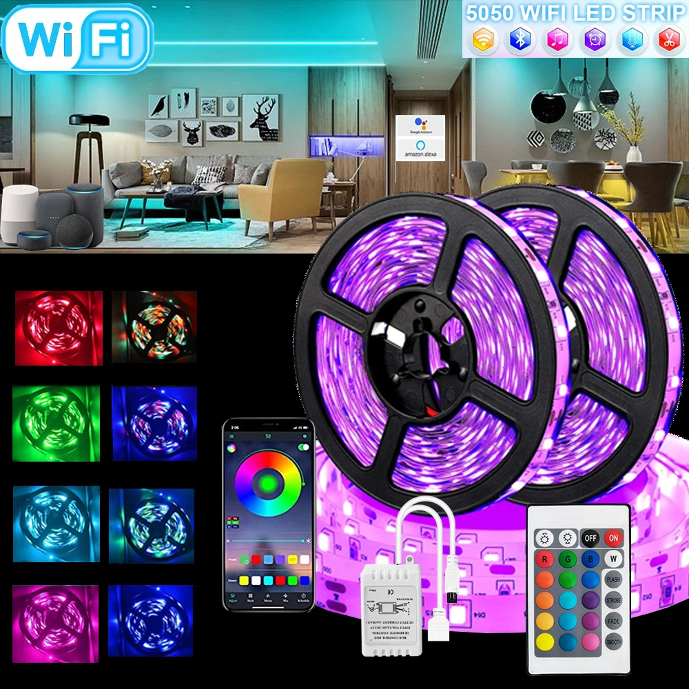 

Bluetooth RGB Tape 10 15 20meter Diode Dimmable LED Strip Lights 5050 WIFI Controller DC12V Waterproof Flexible 5-30M Lighting