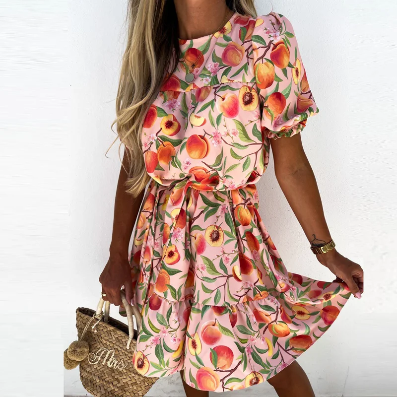 

Летнее элегантное пляжное мини-платье с цветочным принтом, женское модное богемное платье с круглым вырезом и талией, повседневное Плиссир...