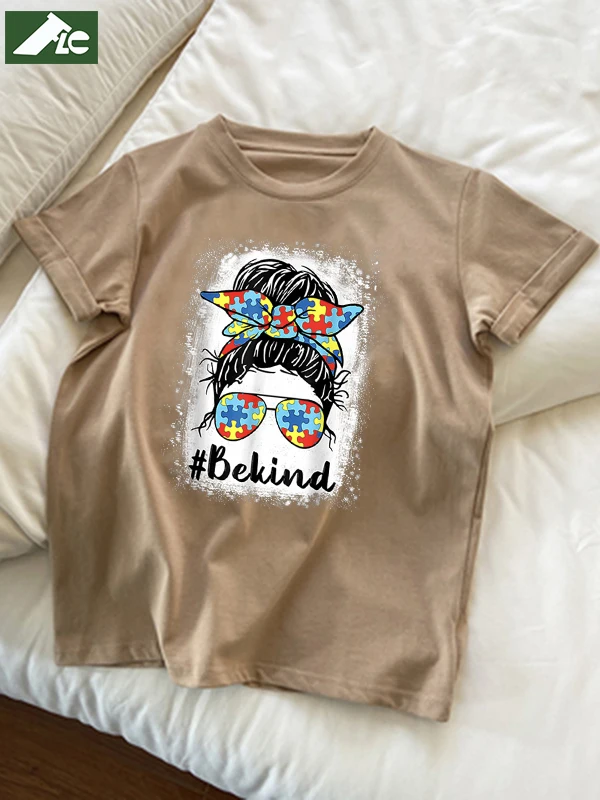 

100% Cotton Be Kind Autism Awareness Messy Bun Mom Girl Woman T-Shirts Unisex Femme Graphic Short Sleeve High Quality Tops