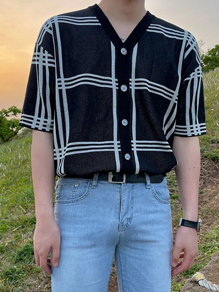 

SYUHGFA Men Clothing 2022 Summer Short Sleeve V-neck Knitting T-shirt Korean Fashion Cardigan Loose Streetwear Tops For Male