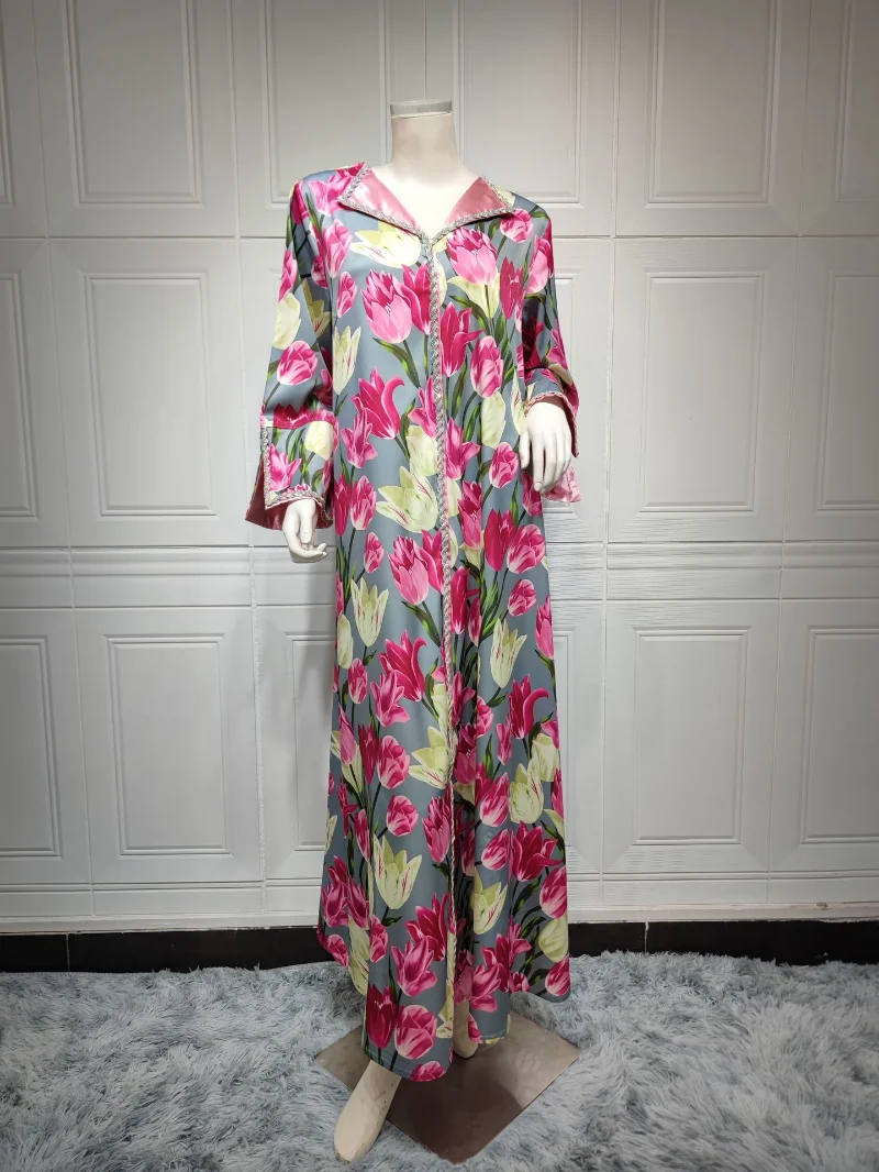 Eid Ramadan Jilbab Muslim Abayas For Women 2023 New Boho Retro Printed Maxi Dress Long Sleeve Summer Kimono Arab Dresses