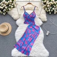 two piece set outfits flower printed sexy female party women camisole crop top tank and ruffle mermaid long skirts matching sets