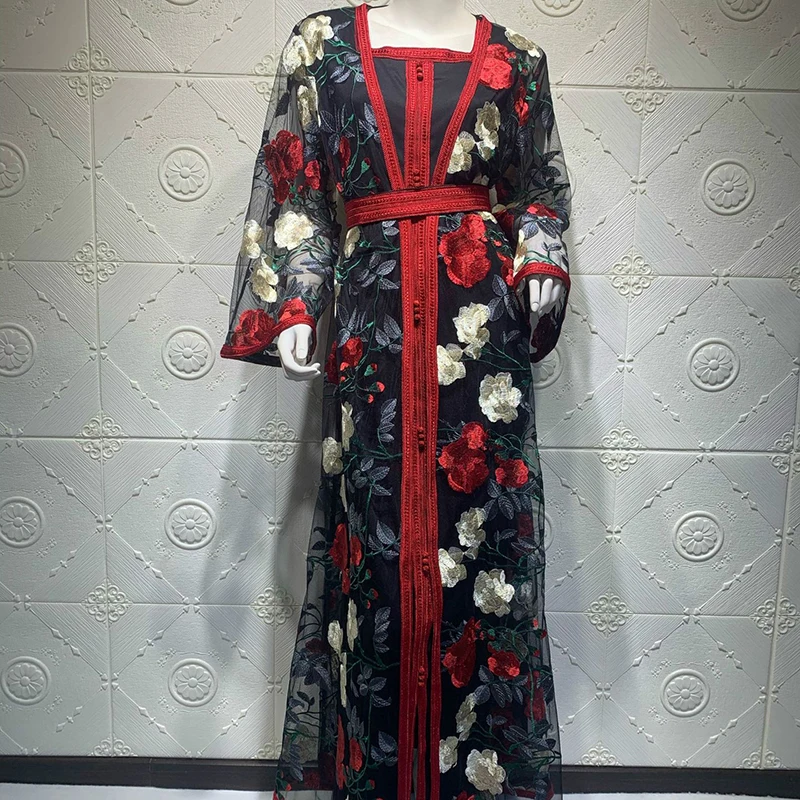 New Abaya Dubai Best Selling Monsoon European Clothing Embroidered Lace Mesh Dress Muslim Women Мусульманская Одежда Ab059