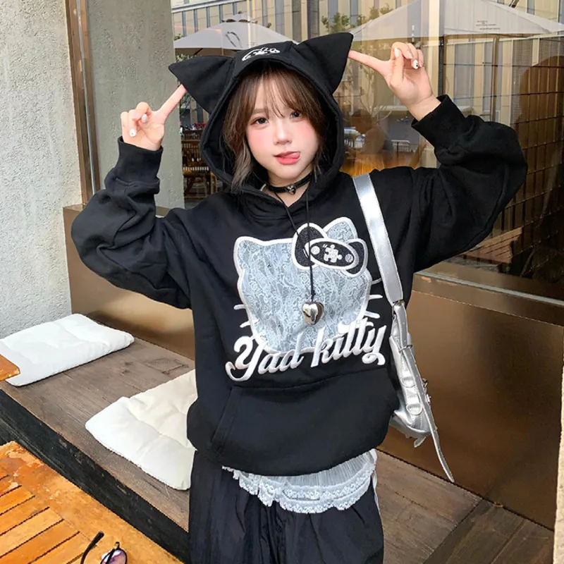 Miniso Lace Hellokitty Y2k Черная толстовка с капюшоном для девочек Аниме вышивкой KT
