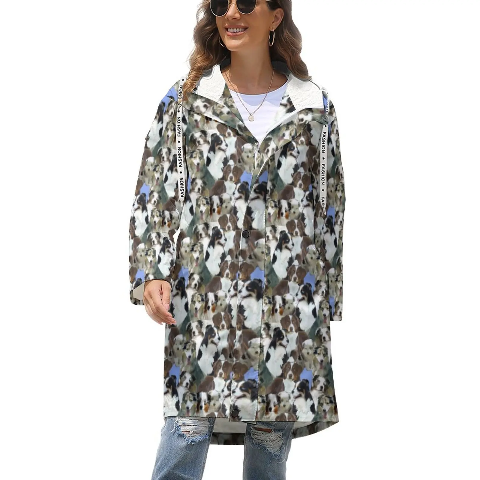 

Cute Animal Print Warm Coats Australian Shepherd Korean Fashion Zipper Winter Coat Womens Long Jackets Design Oversized Clothing