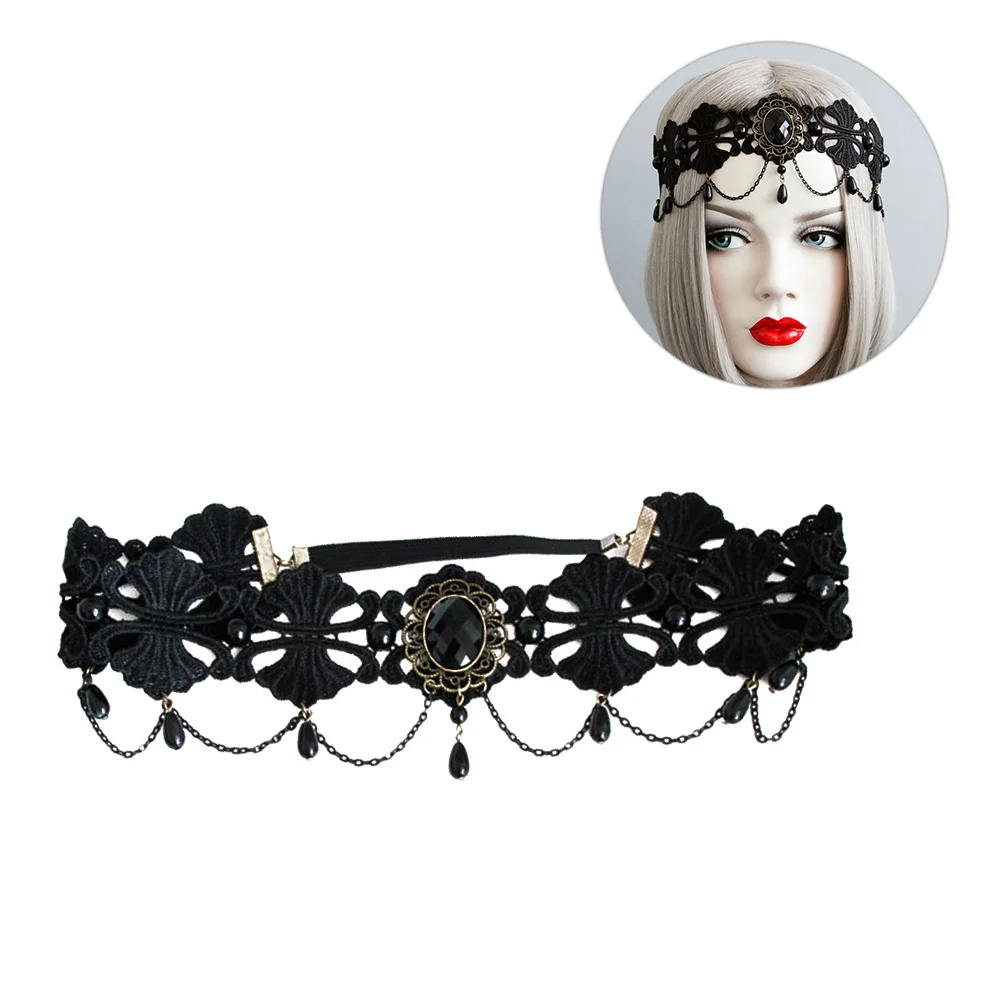

Forehead Band Headband Lace Black Hair Headdress Gothicelastic Headbands Accessoriesforchain Crystal Rhinestone Veil Jewelry