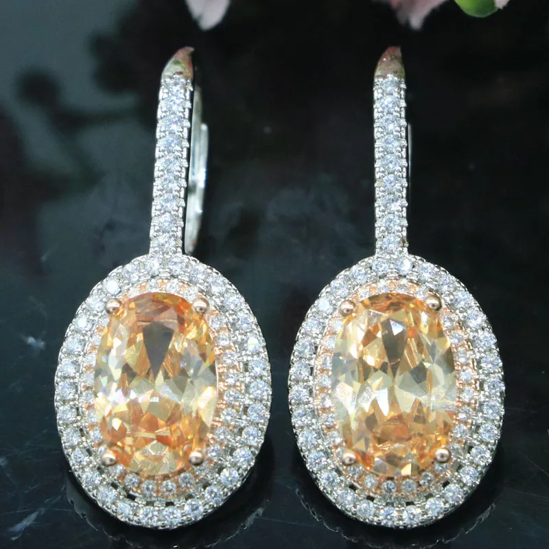 

33x14mm New Statement 8.5g Golden Citrine White CZ Women Wedding Dating Silver Earrings Eye Catching