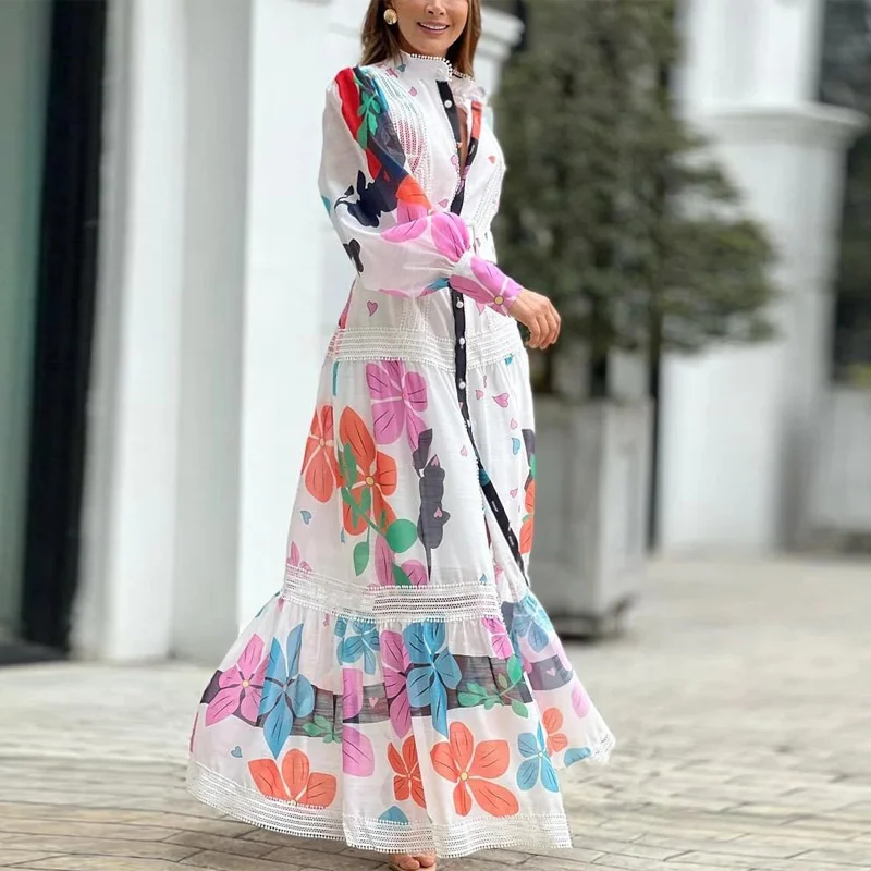 

2023 Casual Commute Maxi Dresses Fashion Lace Ruched Stitching Print Women Dress Ladies New High Street Stand Collar Long Shirt