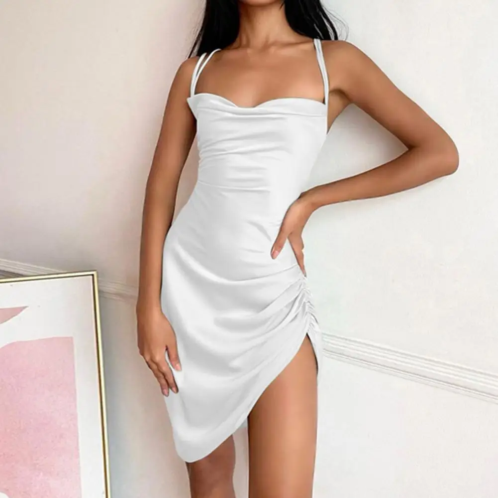 

Satin Dress Spaghetti Strap Shirring Irregular Hem Backless Sling Mini Dress Streetwear Party Elegant 2022 Club vestidos