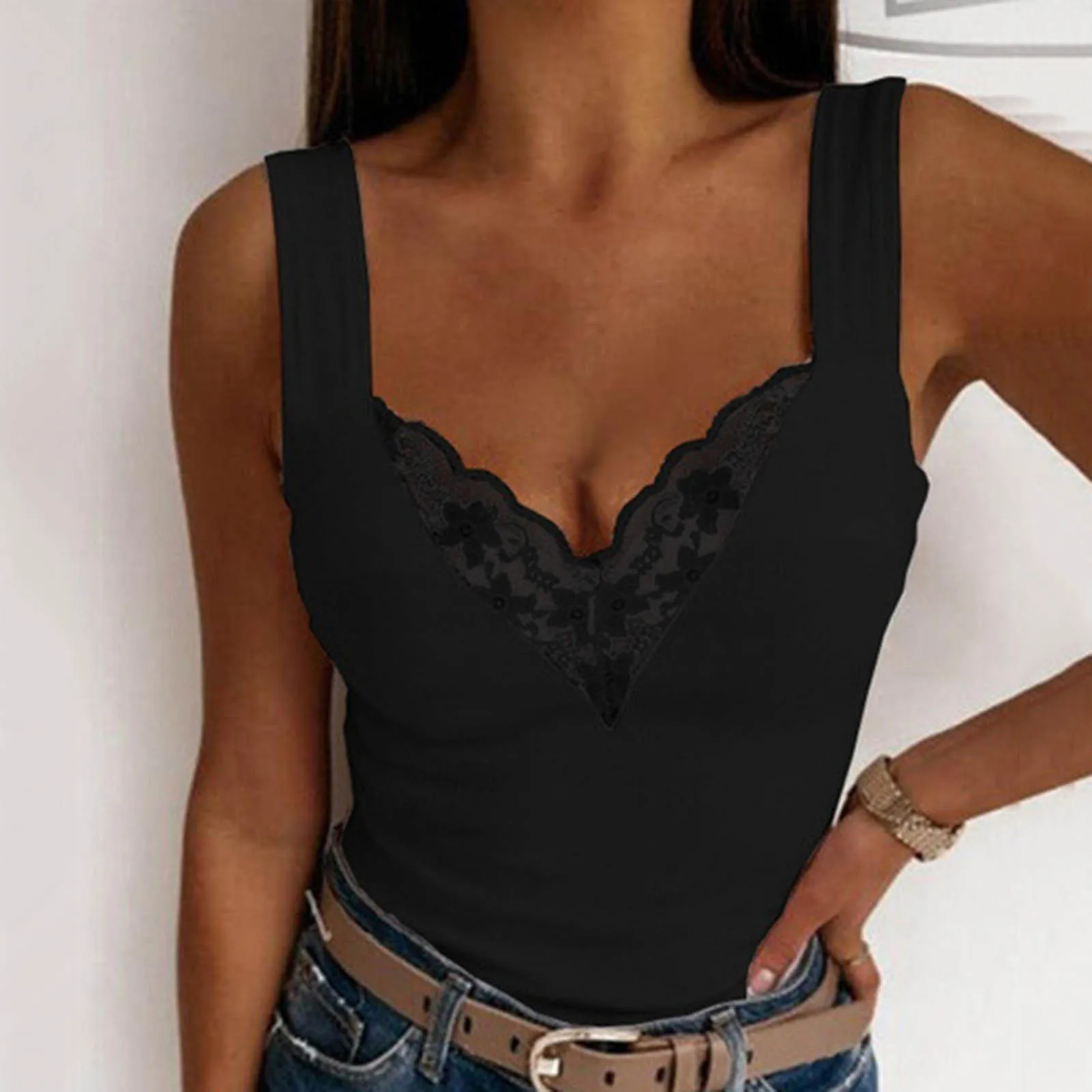 

Womens Lace V Neck Strappy Vest Solid Sleeveless Casual Tank Blouse Summer Black White Bule Shirt Tops 2022 New Blusa Feminina