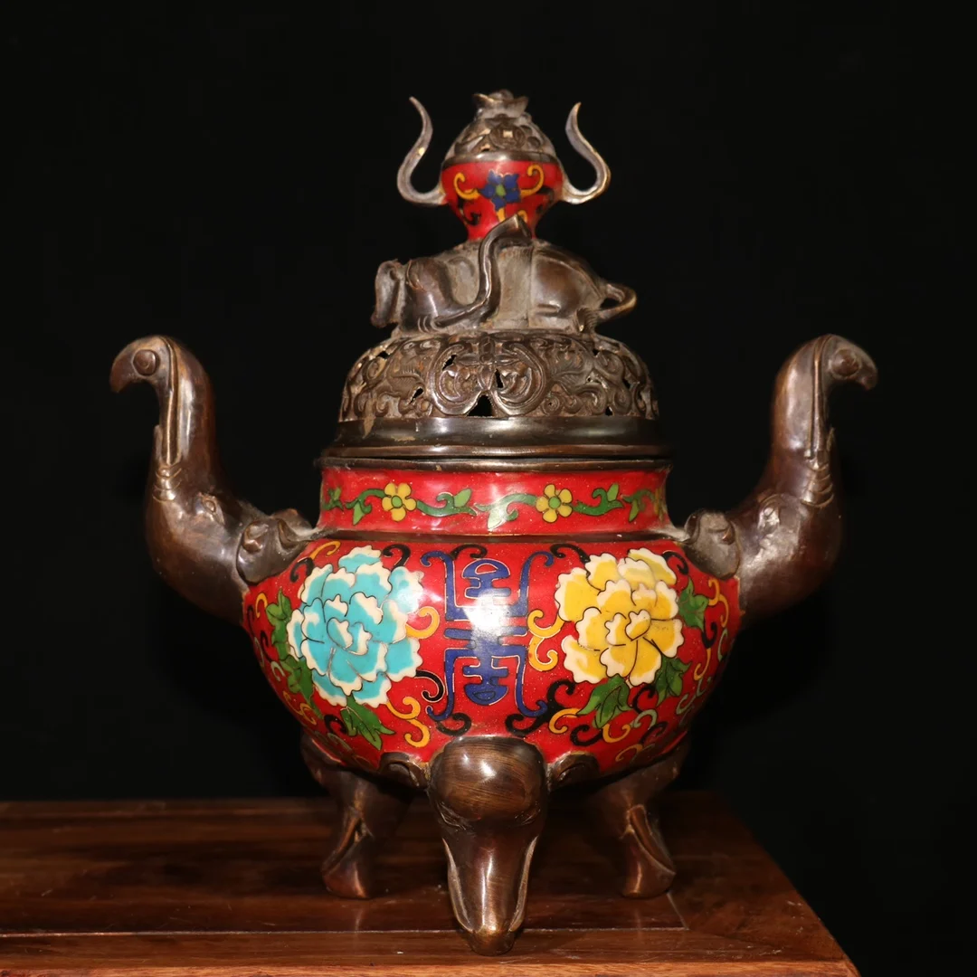 

9"Tibet Temple Collection Old Bronze Cloisonne Enamel Flower texture Elephant Ear Elephant trunk Three-legged incense burner