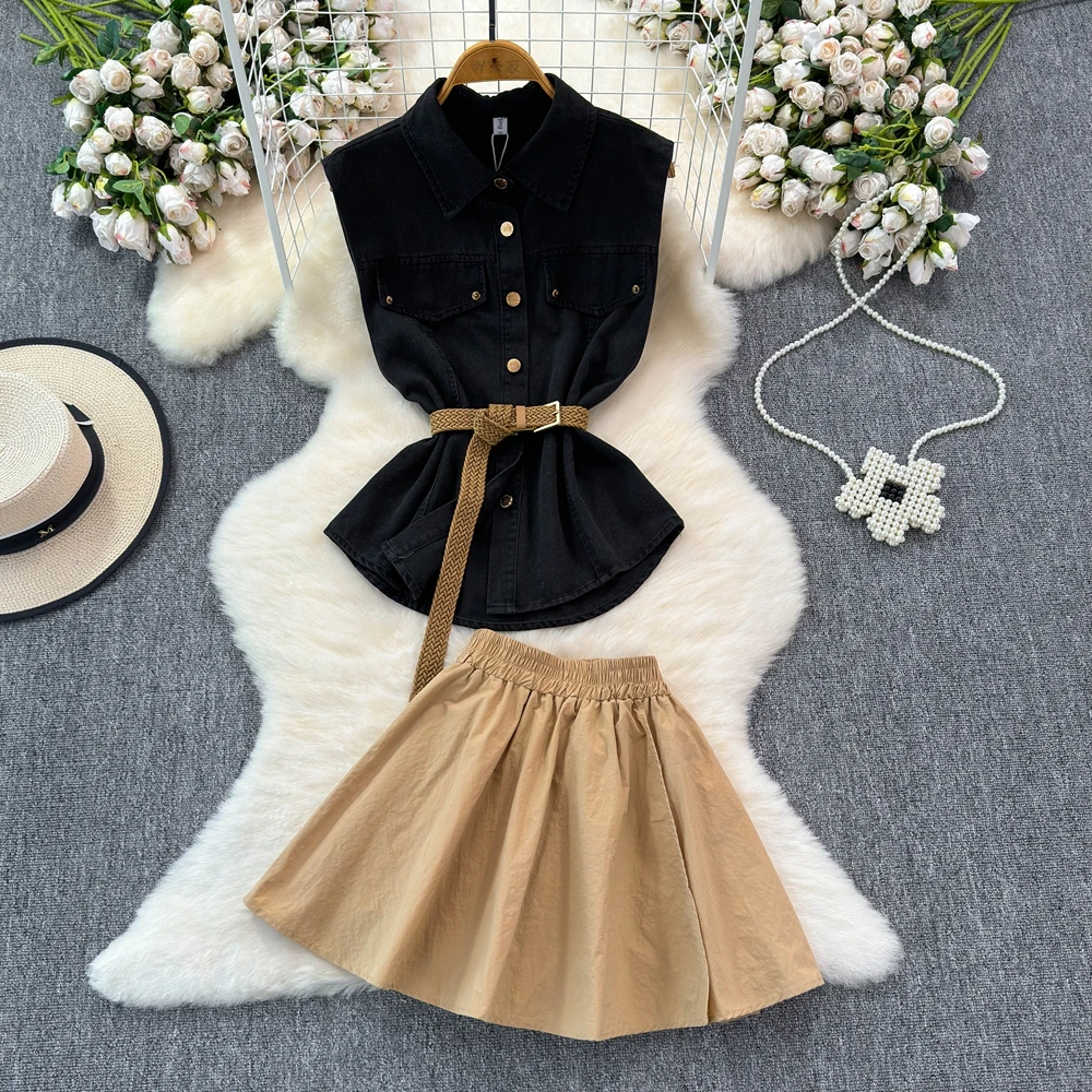 Женский джинсовый жилет модный костюм летние топы с тонкой талией + короткие юбки