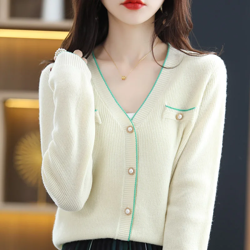 

2022 New Spring Style Fashion 100% Wool V-neck Sweaters Female Woolen Knitwears Cardigans Women Jumpers