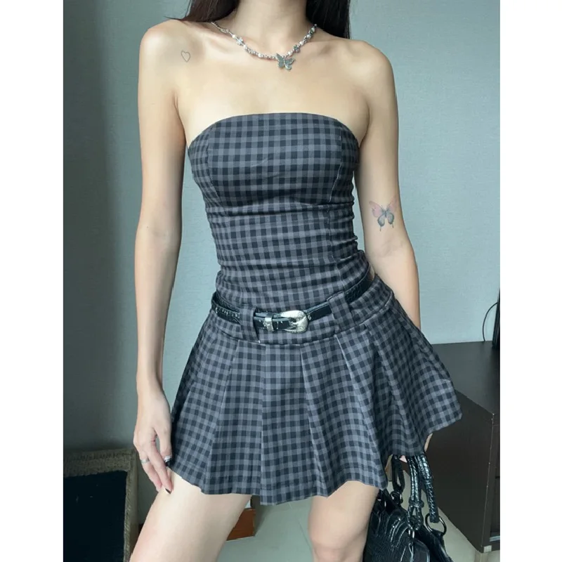 

Summer Vintage Chic Plaid Print Tube Ruched Dress Sexy Slash Neck Slim Mini Womens Dresses Fashion Strapless Backless Vestido