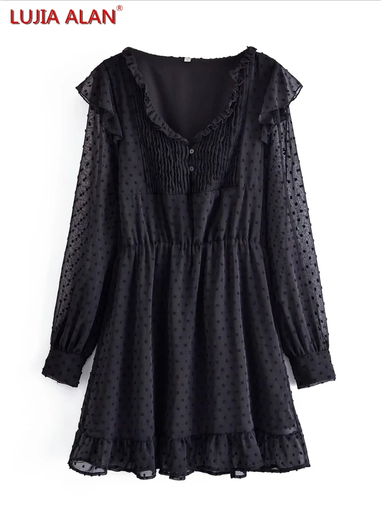 

Women Dot Flocking Chiffon Ruffle Design Black Dress Summer Female Long Sleeve Mini Vestidos LUJIA ALAN D9553
