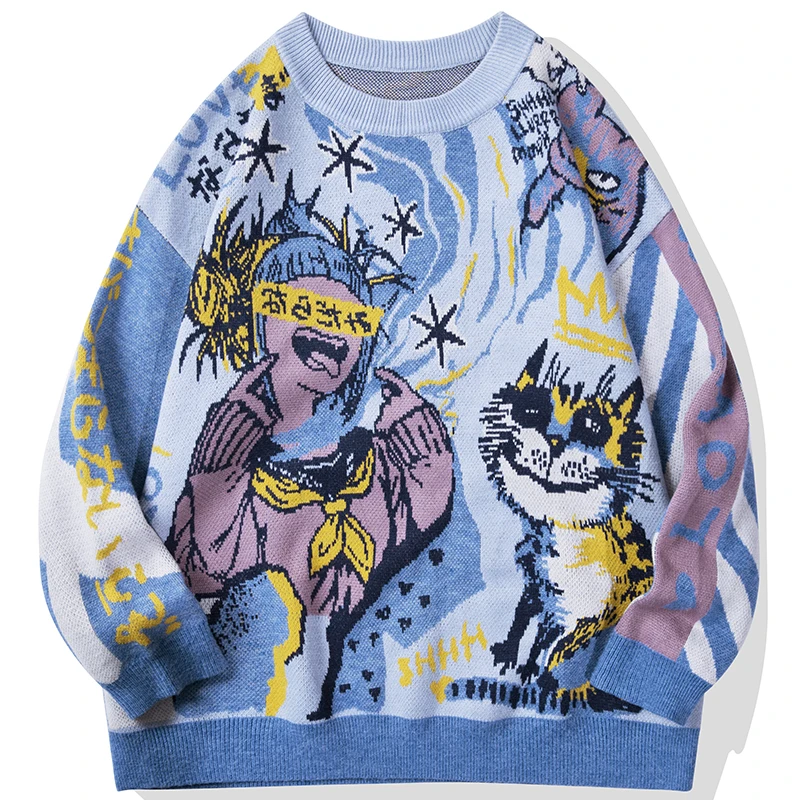 

Harajuku Japanese Anime Graphic Sweater Men Hip Hop Streetwear 2021 Autumn Oversize Pullover Sweater for Men Fashion Sweaters