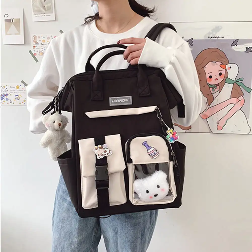 Middle School Girls Backpack School Bags For Teenage Girls Large Capacity Backpack with Cute Accessories Multi-Pockets Hanging B