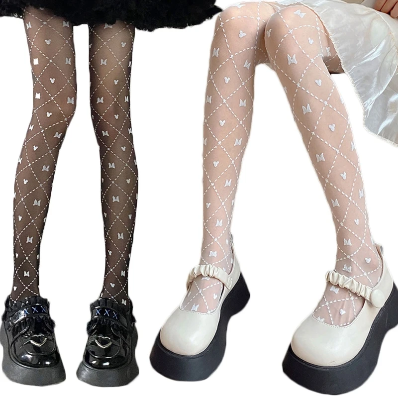 

Women Dark Goth Punk Thin Pantyhose Harajuku Line Bowknot Heart Jacquard Patterned Sheer Tights Bottoming