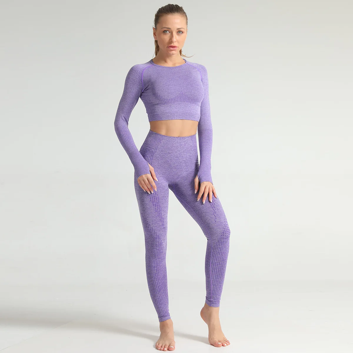 

2PCS Seamless Women Yoga Set Workout Sportswear Gym Clothing Fitness Long Sleeve Top High Waist Hip Lift Leggings Sports Suits