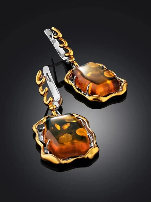 Яркие серьги «Иллюзия» из позолоченного серебра и натурального янтаря