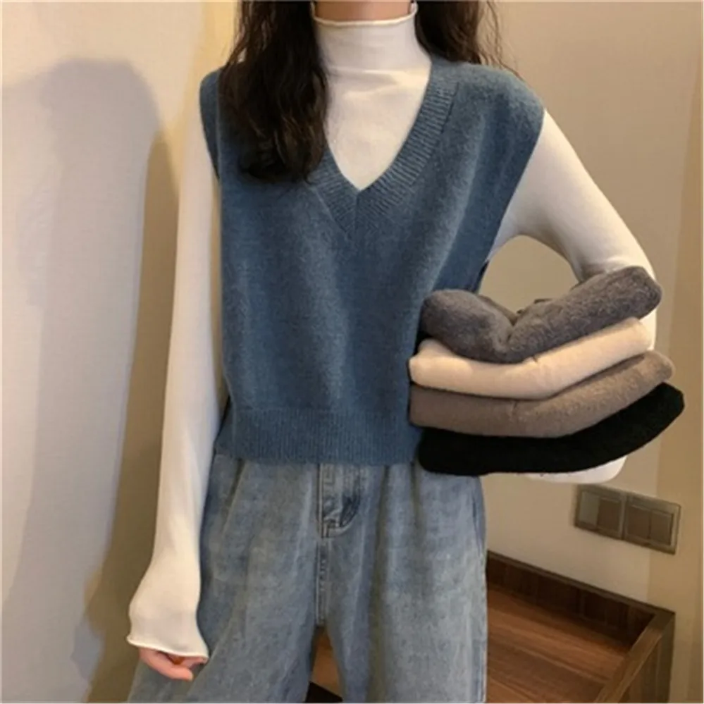 

Sweater Vest Women Solid Autumn Winter All-match Leisure Outerwear Knitted V-neck Short Coat Korean Style Knitted Sweater Vest