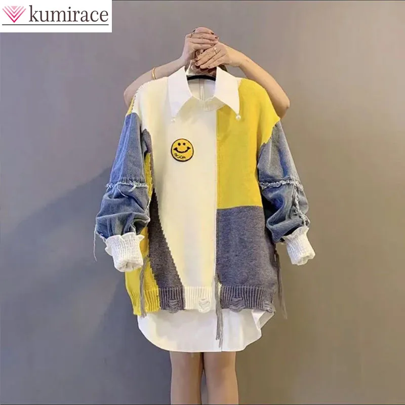 

2022 Spring New Cute Smiling Face Elegant Women's Sweater Casual Splicing Sweater White Shirt Two-piece Jacket Sweater Oversize