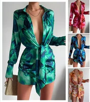 sexy womens v neck low cut printed dress with lace up detail shirt dress bohemian style casual party beach dress