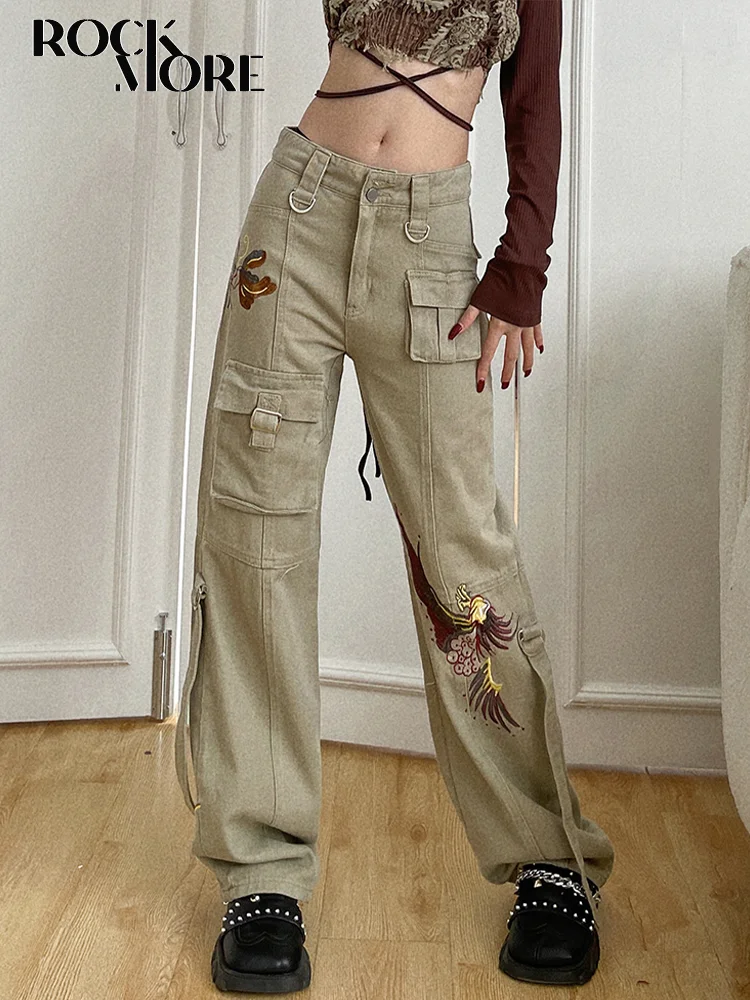 

Rockmore Vintage Jeans Embroidery Y2K Aesthetic Cargo Pants Loose Women Fashion Straight Denim Casual Trousers Grunge Fairycore