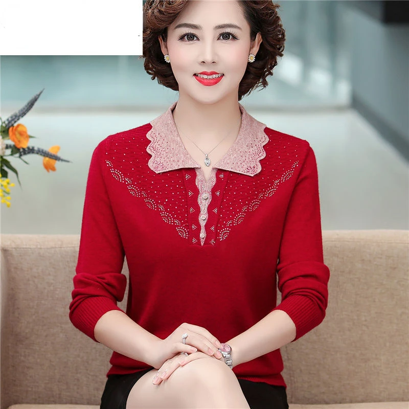 

Women's Cashmere Sweater Pullover Autumn Winter Middle-aged Mother's Bottoming Shirt Loose Lapel Long Sleeved Jumper 4XL E549
