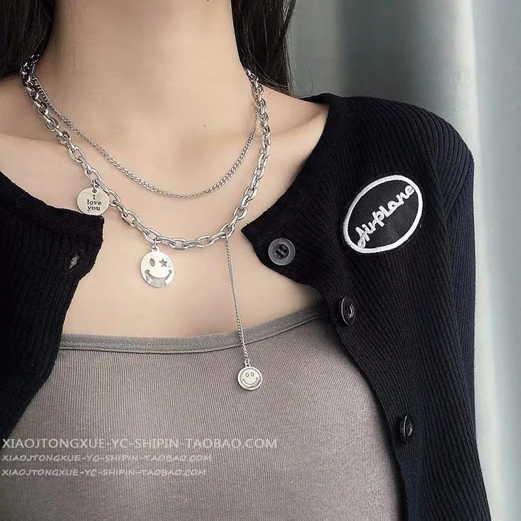 

In titanium steel smile face multi-layer Tassel Necklace versatile men and women fashion hip-hop couple silver retro neckchain
