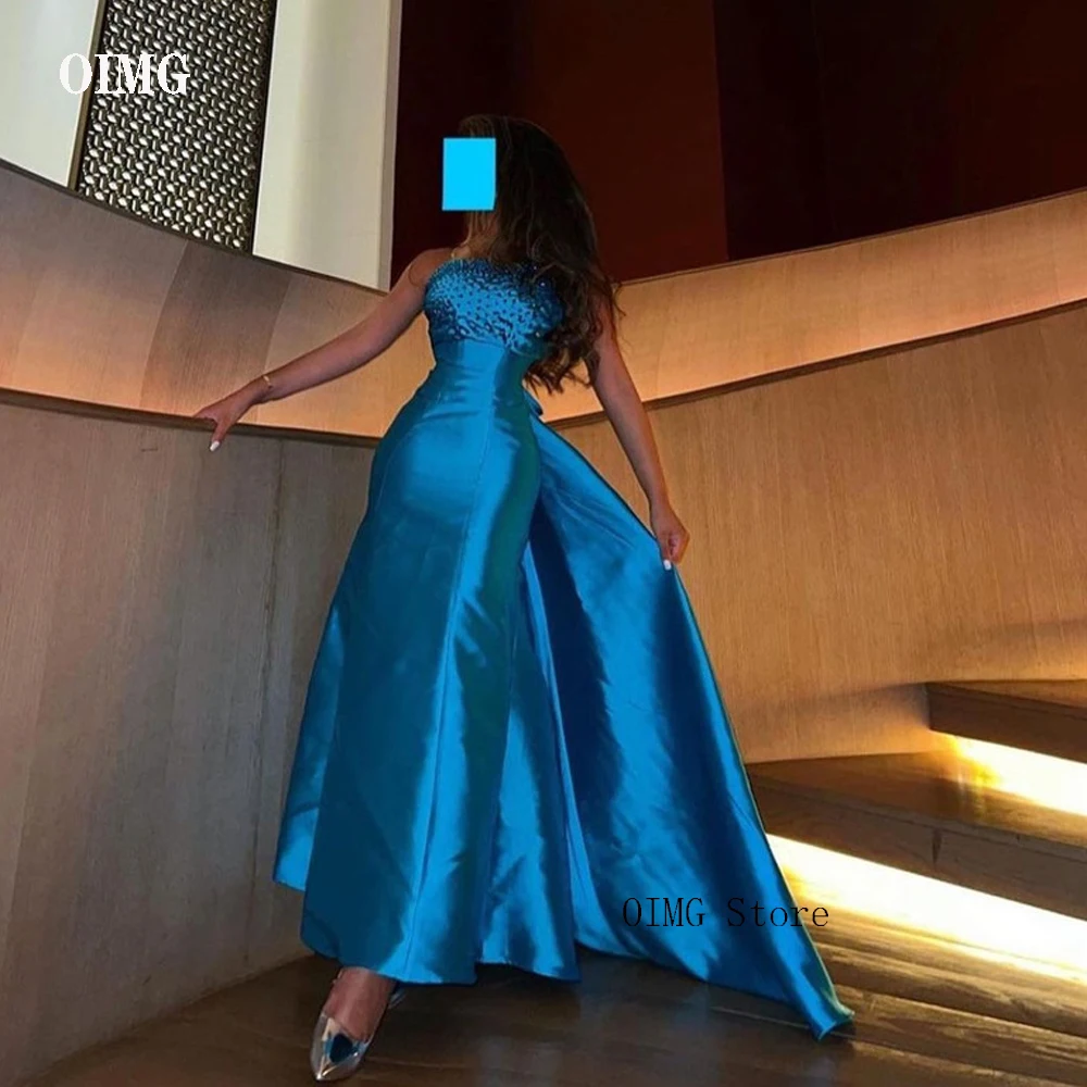 

A Line Blue Satin Evening Party Dresses With Overskirt Strapless Beads Ankle Length Arabic Women Prom Gowns Robe de soiree