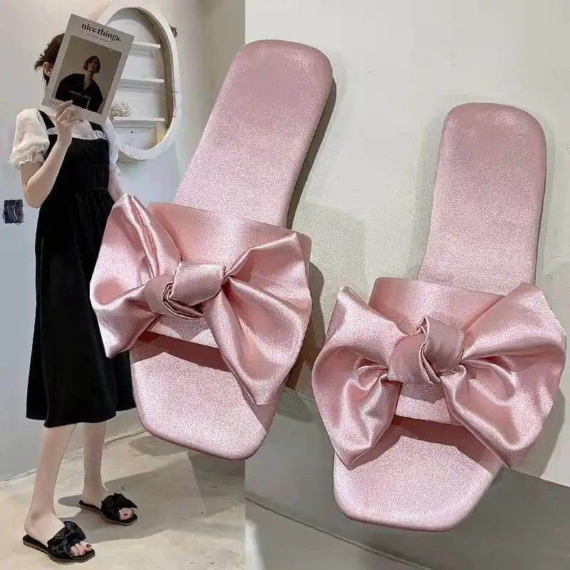 

Women Fashion Luxury Satins Slippers Wedding Bridesmaid Slippers Peep Toe Bedroom Home Sandals Party Bride Shoes With Silk Bow