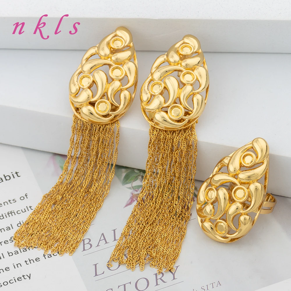 

Women Fashion Earrings Jewelry Sets for Dubai Retro Copper Gold Color Rings Sets Italian Luxury Jewelry For Party Accessories