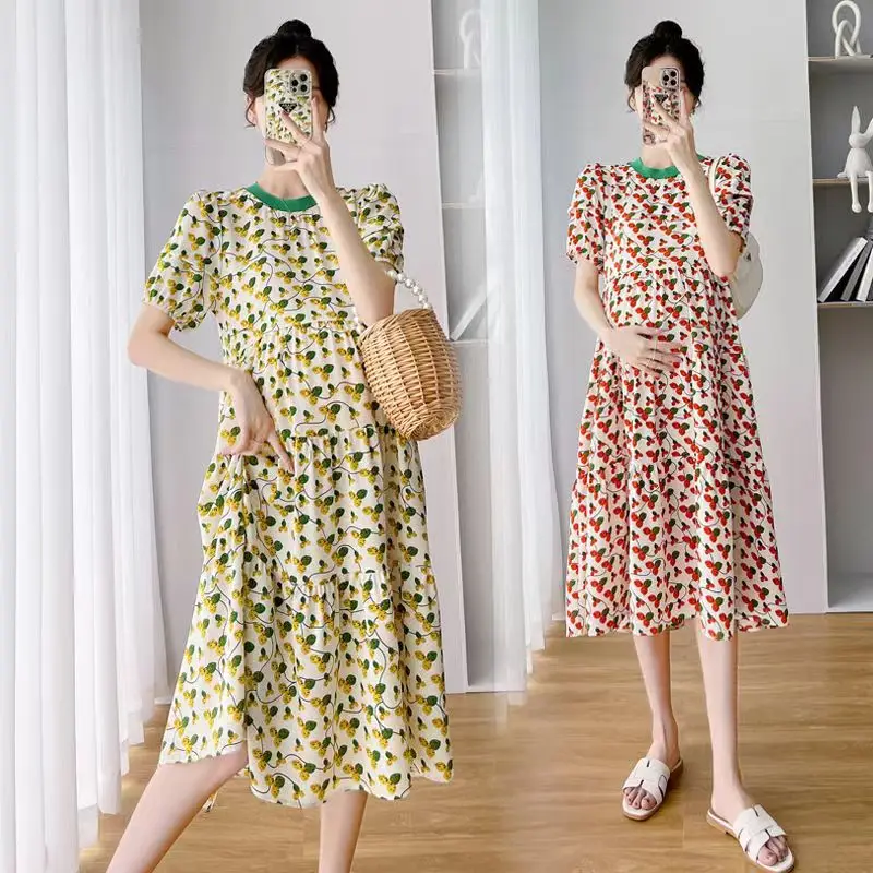 New Summer Pregnant Women Dresses Maternity Short Sleeve Fragmented Chiffon Dress Loose Plus Size Clothing For Pregnacy