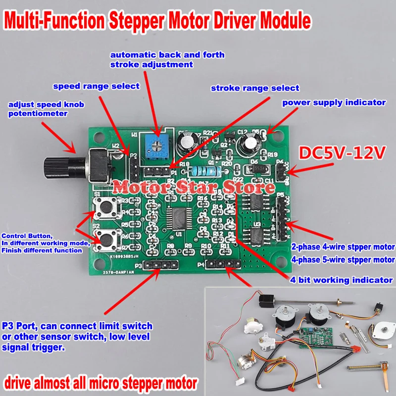 

DC 5V 6V 9V 12V Stepper Motor Driver 2-Phase 4-Wire 4-Phase 5-Wire Stepping Motor Multifunction Speed Controller CW CCW Module