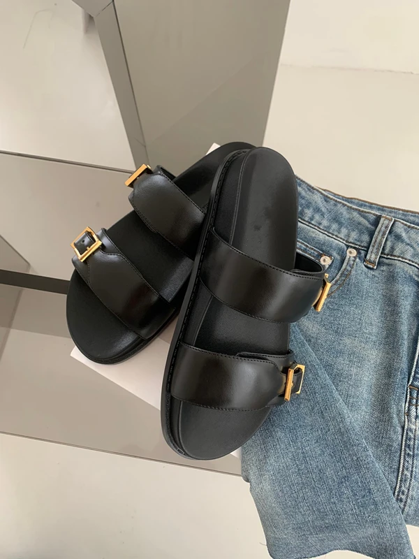 Elmsk Fashion Blogger Ladies Thick-soled Slippers Genuine Leather Black Casual Commuter Flat Shoes Women