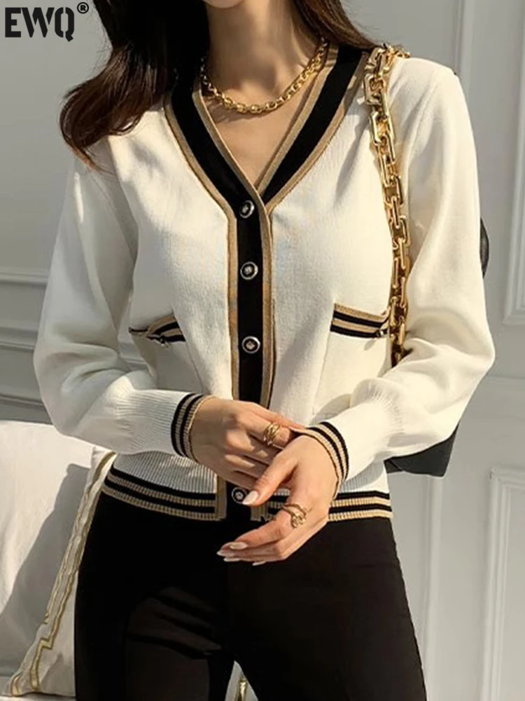 

[EWQ] Striped Single Breasted Sweater Jacket For Women Vintage Long Sleeve Thick Cardigan Coat 2023 Winter Winter New 16U5086