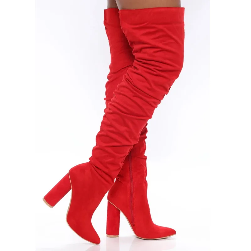 

Sexy High Heels Over The Knee Boots Shoes For Women Suede 2022 New Thick Heels Pointed Toe Red Apricot Ladieslong Boots