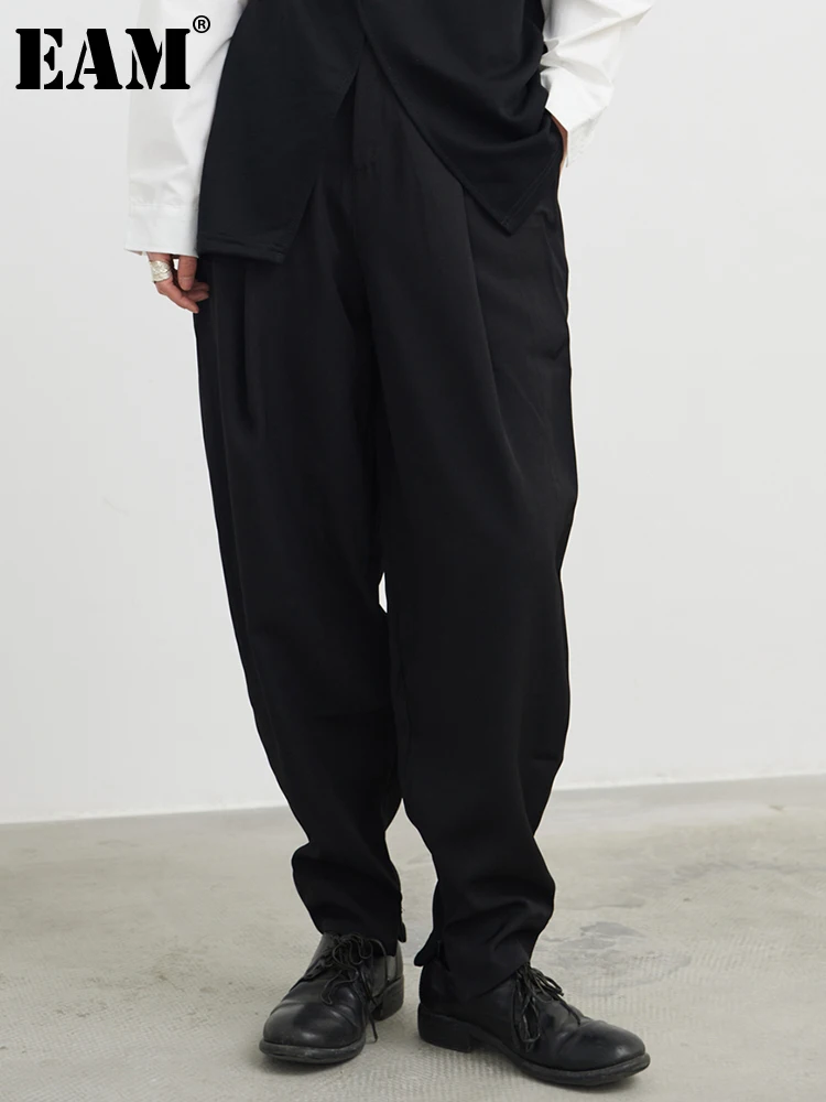 

[EAM] Черные Короткие Длинные повседневные шаровары с высокой талией, новые свободные облегающие брюки, женские модные весенне-осенние 2023 1DH0091